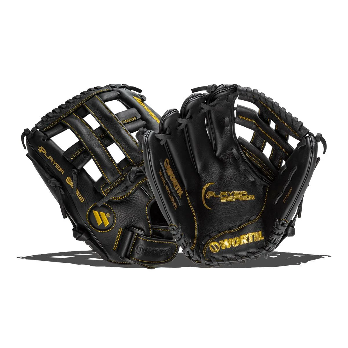 Brand new ✨ Worth Player Series 13" Slow Pitch Softball Glove: WPL130-PH Black, Gold 🔥 3 Brand new ✨ Worth Player Series 13" Slow Pitch Softball Glove: WPL130-PH Black, Gold 🔥